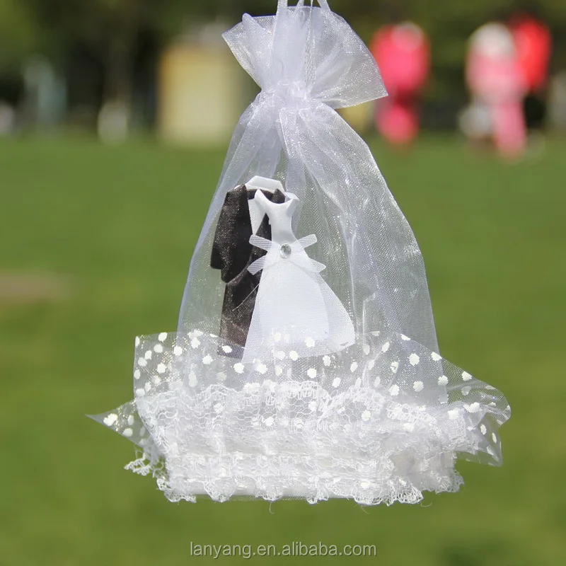 Bride and Groom Stick On Organza Basket Wedding Candy Favor Box Chocolate Bag