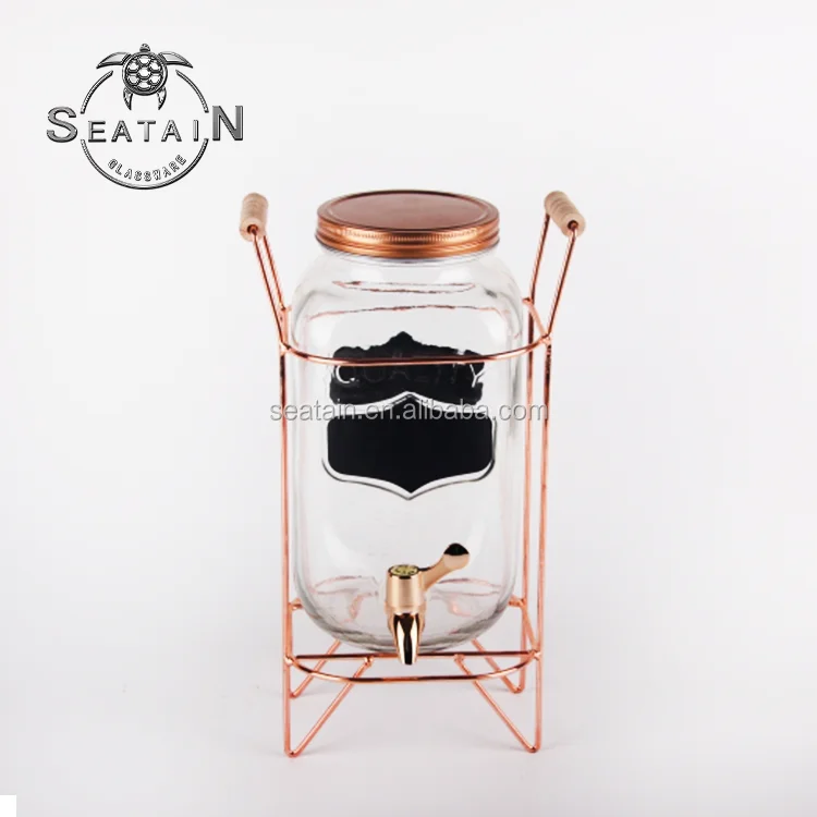 High quality glass honey syrup beverage drink dispenser with gold lid and frame