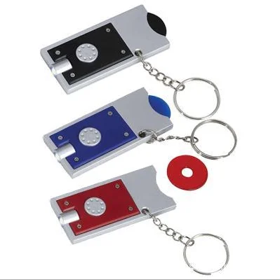 Promotional Plastic Led Trolley Euro Coin Holder  Key chain, Trolley Coin Keyring, Flashlight Supermarket Shopping Cart Keychain