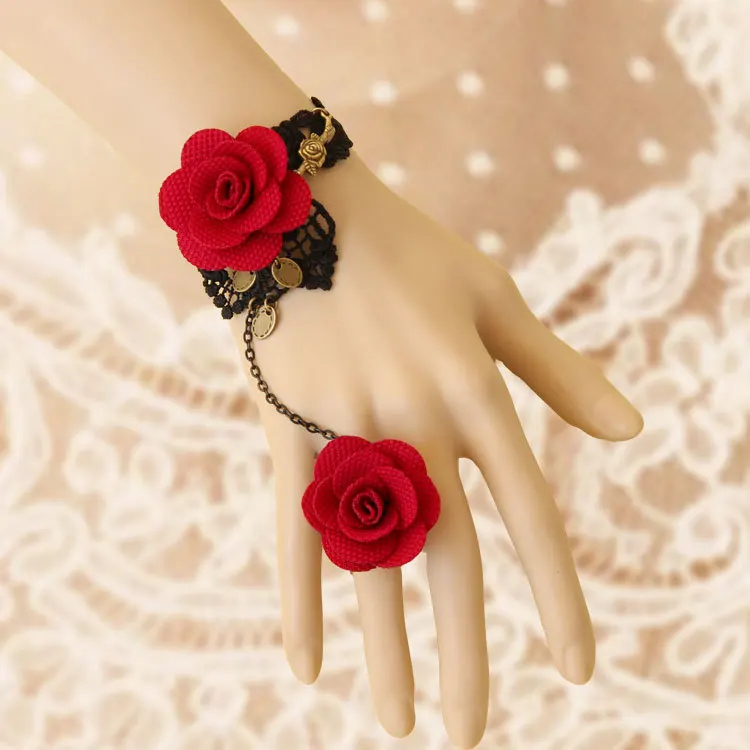 Black Lace Jewelry Retro Jewellery for Women Bracelet with Rose Ring