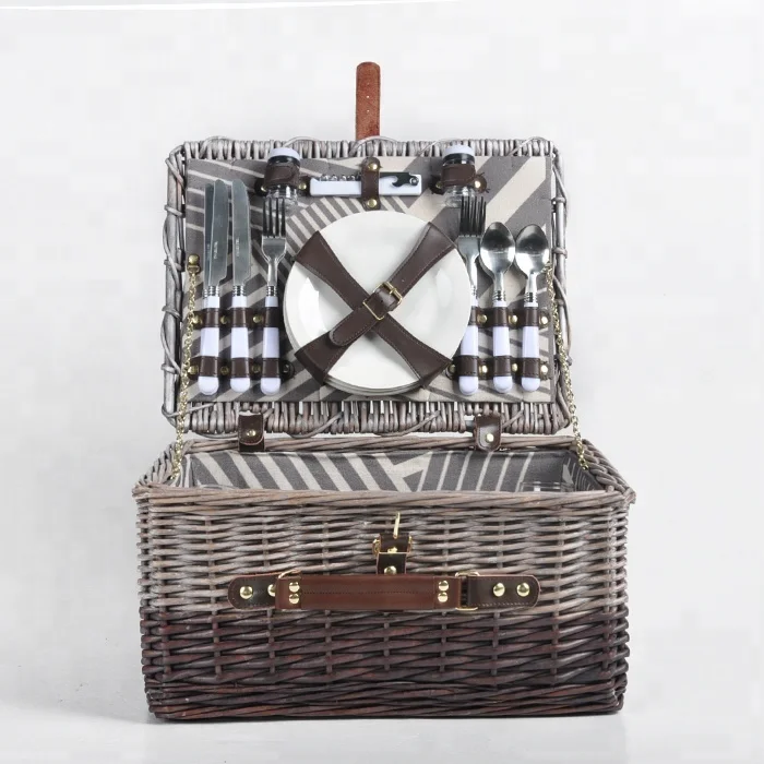 Handmade Natural Rattan Wicker Picnic Basket Set For 4 Person