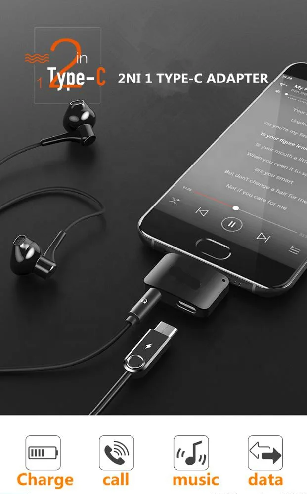 
SUNLINE High Quality Aluminum Alloy ABS 2 in 1 USB-C 2.4A Headphone Converter Charger Type c to 3.5mm Audio Charging Adapter 