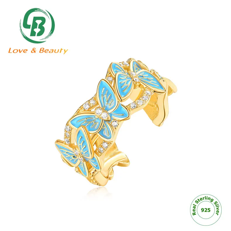 Vintage design gold jewelry S925 Sterling silver handmade enamel butterfly ring