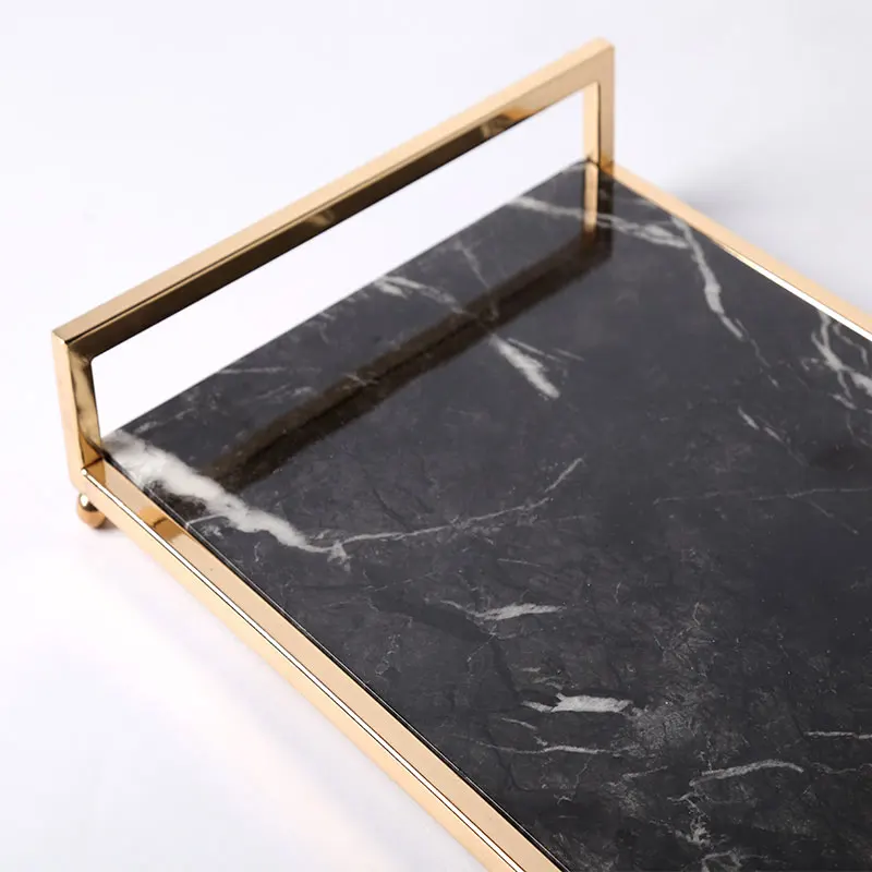Chinoiseri marble tray gold handles tea food fruit wine glass serving tray