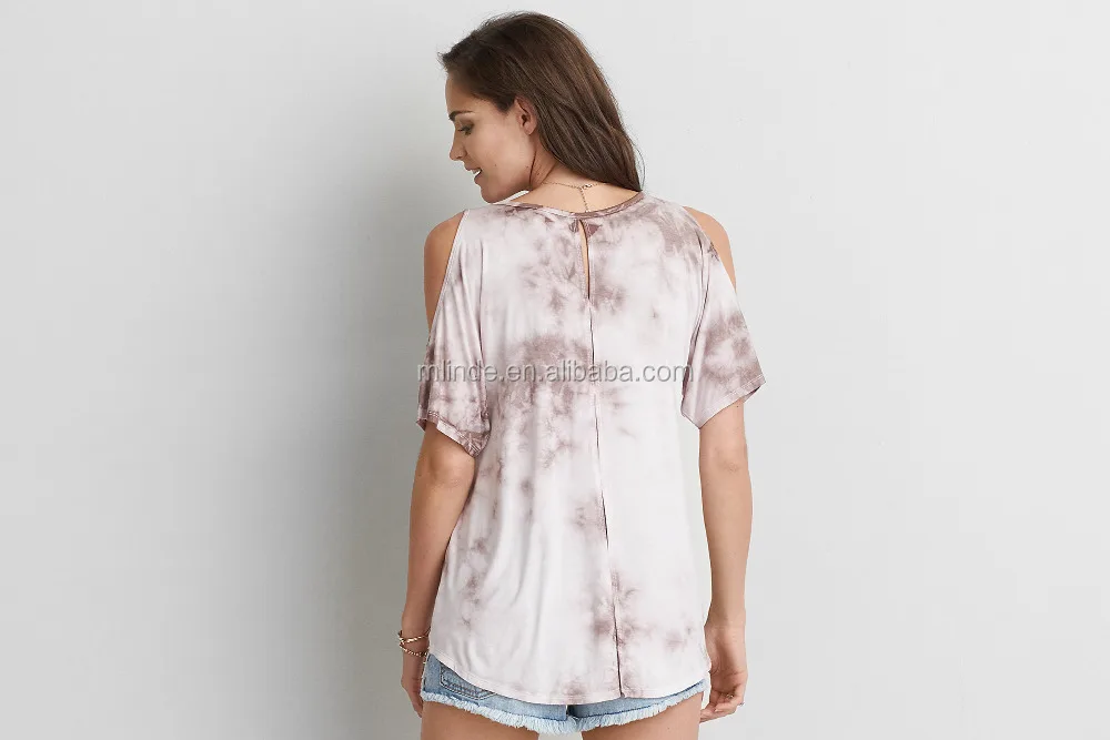 95% Rayon 5% Elastane Comfort Soft Sexy Keyhole Back Cold Shoulder Crew Neck Jersey Woman Summer Tie Dye T-Shirt