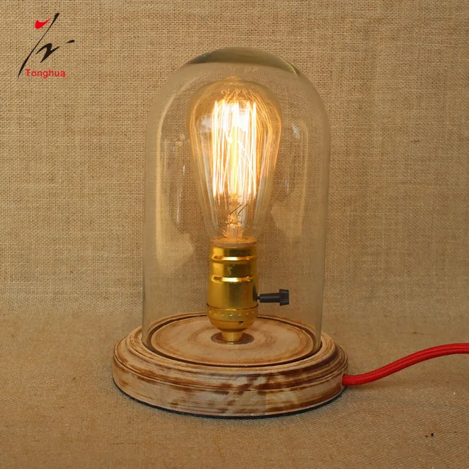 Tonghua Vintage Cubic Natural Wood Filament Light with Bulb Holder E26 E27 Retro Bedroom Table Lamp Desk Light