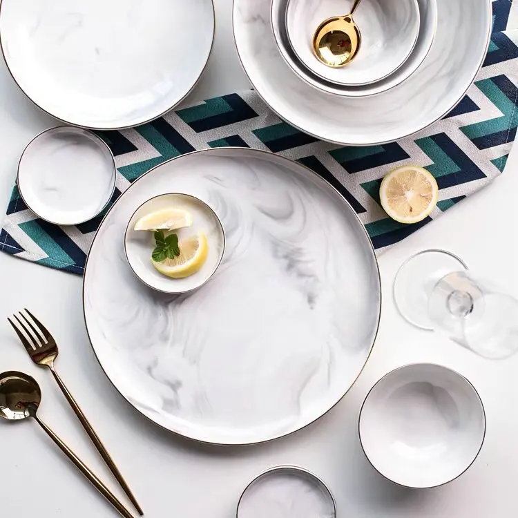 
Nordic style luxury wedding ceramic marble dinner plates with gold rim 