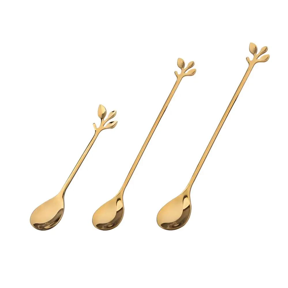 Elegent Leaf Cake Fork And Spoon Colorful Small Stainless Steel Coffee Stirring gold Spoon