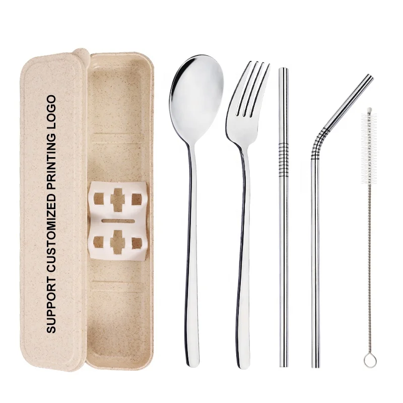 
5pcs Portable Luxury Stainless Steel Flatware Cutlery Sets with Wheat Gift box for Promotion 