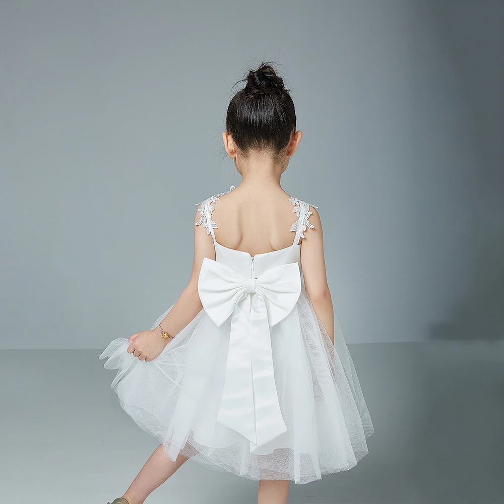 Wholesale lovely pink flower girl dress sleeveless bowknot dress and appliqued lace princess dress