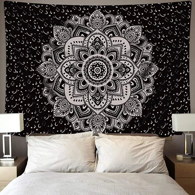 Mandala Tapestry Wall Hanging Black & Gray Wall Art Floral Decorative for Bedroom