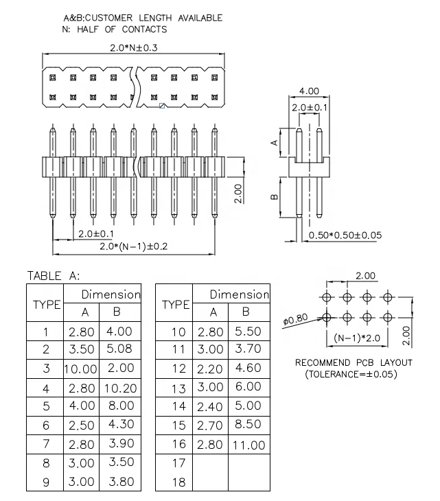 
2.0mm straight male pin header samtec replacement 