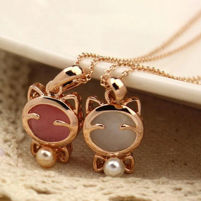 Women Cute Accessories Stone Jewelry Pendant Fashion Pearl Cat Necklace For Wholesale