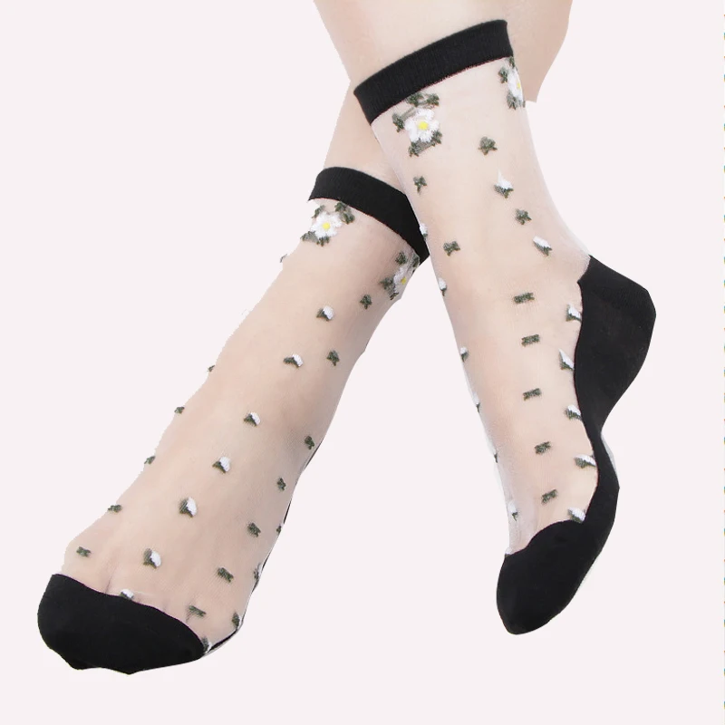 Fashion flower design crystal sheer socks women nylon silk socks for sale