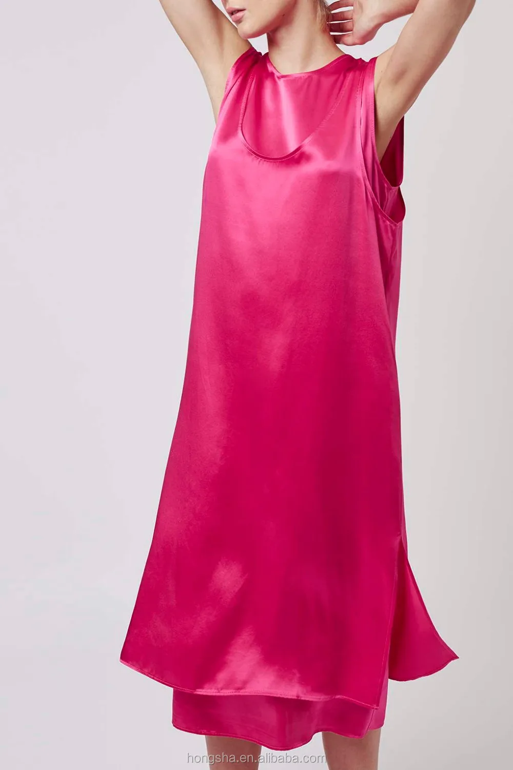 Latest Fashion Sleeveless Gambar Model Gaun Satin Long Dress Hot Pink Satin Dress Designs HSD6834