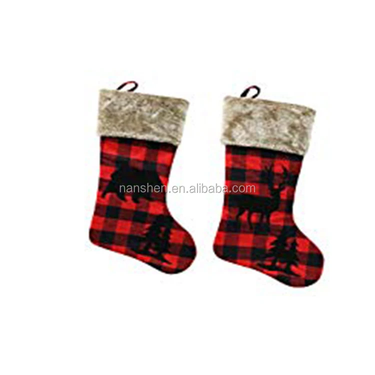 
Gireshome Grey Buffalo Check Plaid with Sherpa Cuff Decoration Christmas Stocking Xmas Tree Decor Festival Party Ornament 