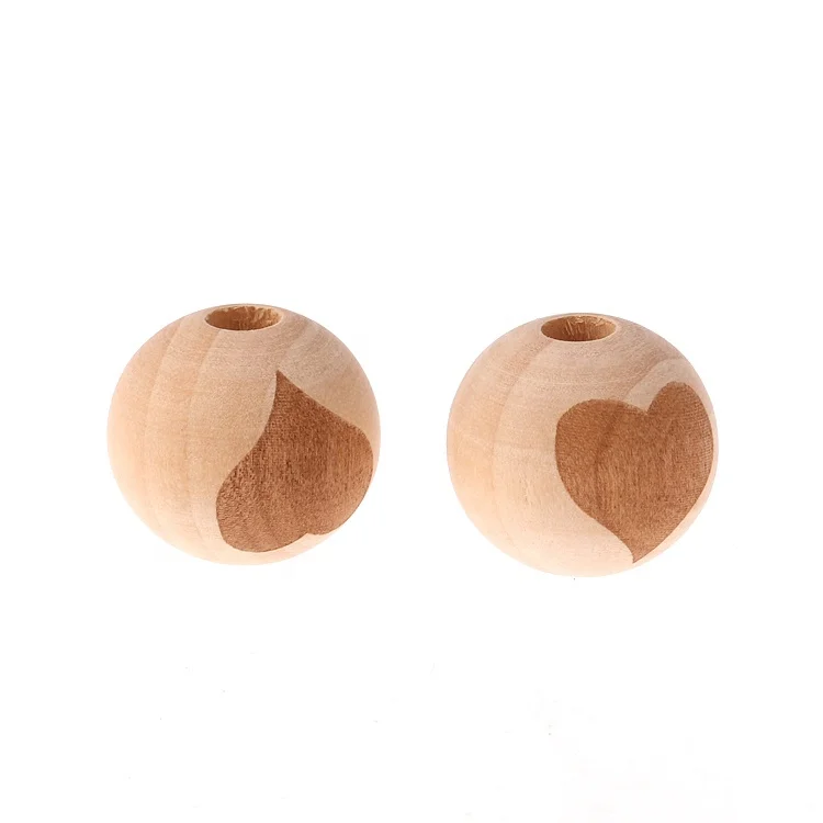 Wholesale Eco-Friendly Laser Engraving Heart Pattern Round Teething Beads Wood