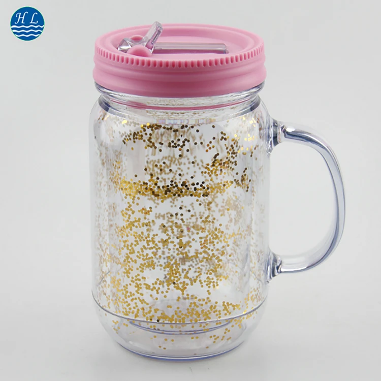 Factory direct supply 16 oz plastic mason jar with handle straw