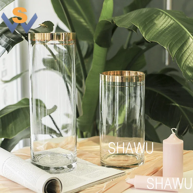 wholesale wedding cheap flower cylinder glass vase with gold rim for decoration