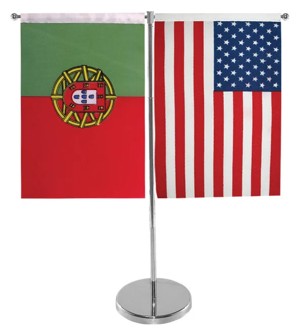 Two Flags Desk Table Top Rectangle National Country Flag Metal or Plastic Pole Stand for Christmas Business Office Decoration