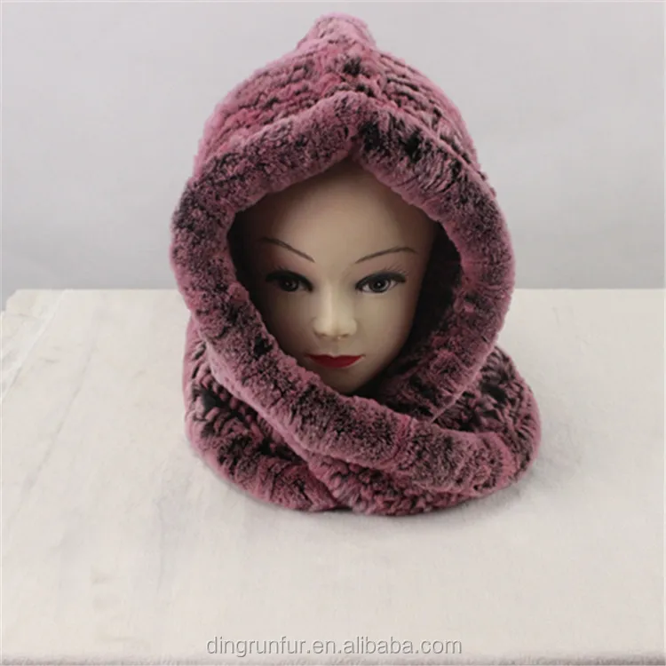 China supplier Real Thick Knitted Fur Scarf With hood Natural rabbit fur hat