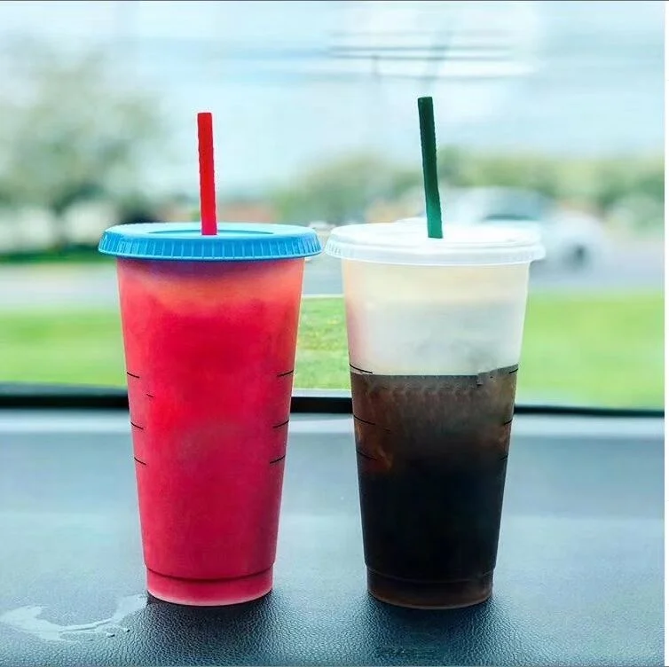 
New Design plastic colorful tumbler cup,cold coffee color-changing mug with straw and lid 