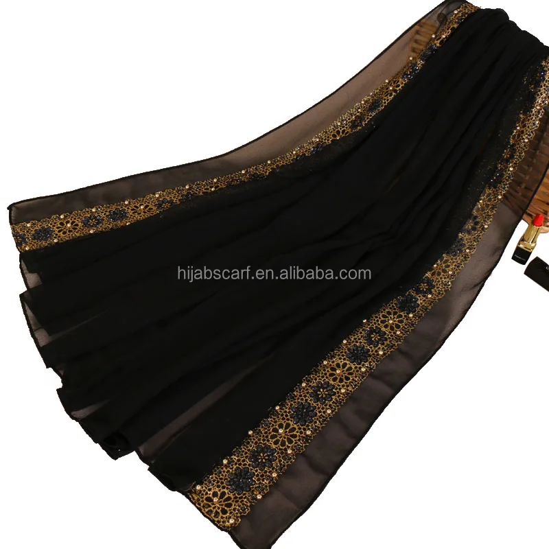 Высокое качество с блестящим золотистым жемчугом шарф для женщин шифоновые шарфы с кружевными цветами хиджаб