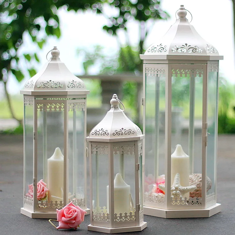 
Vintage Style Decorative White Iron & Glass Candle Lantern Wedding Lantern for Indoor & Outdoor Wedding Entrance Way Decoration 