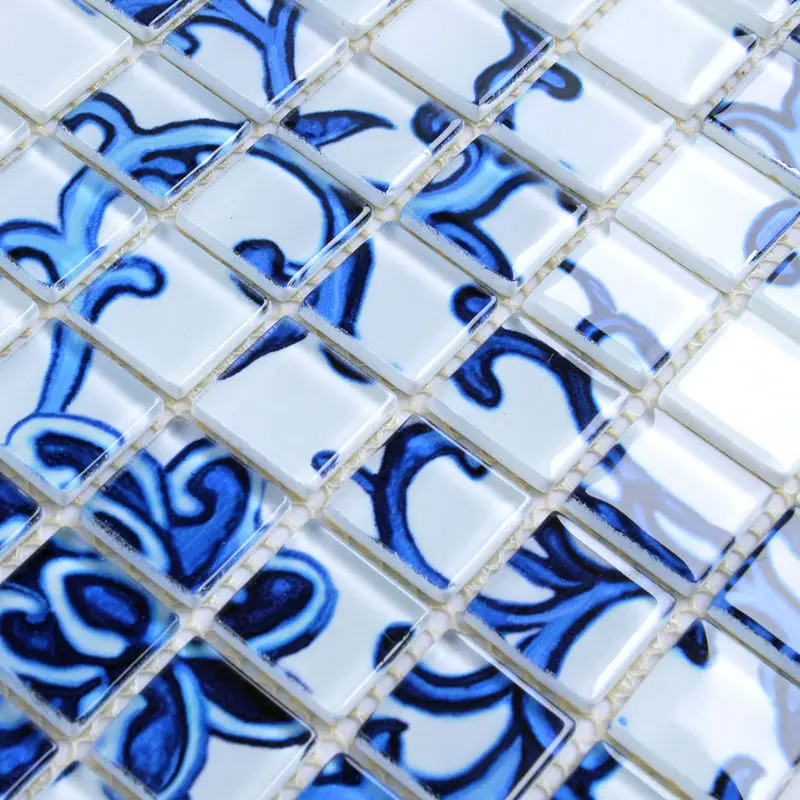 Crystal Glass Mosaic blue and white Tile Backsplash Kitchen pattern Bathroom Wall Tiles Mirror