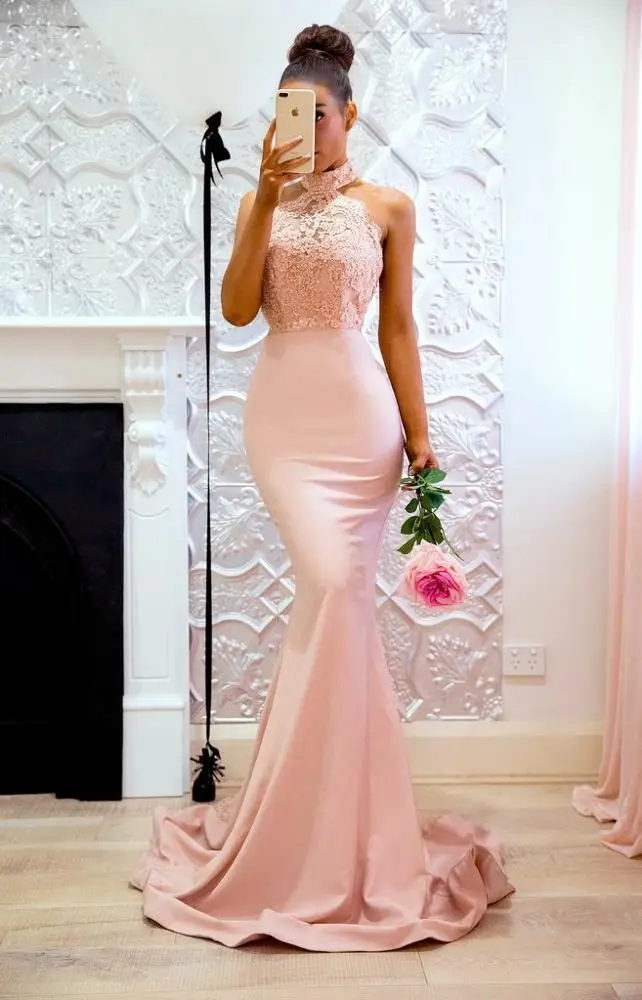 Women Sheer Halter Neck Sleeveless Evening Prom Dress 2019 Mermaid Satin Evening Dress
