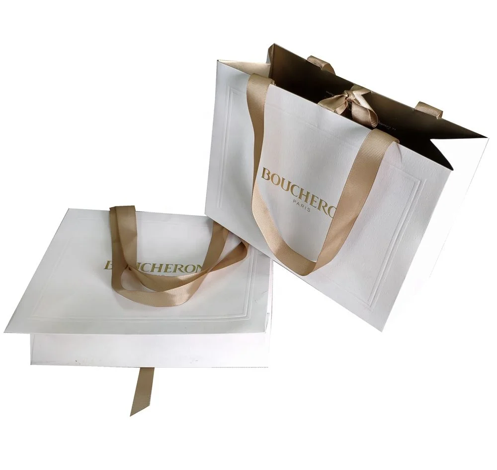 Custom Printed Paper Bags Cardboard Luxury White Kraft Paper Gift Bag With Ribbon Handle For Shopping Bag With Your Own Logo