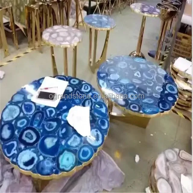 Decorative unique blue agate stone table tops blue semi precious transparent table top