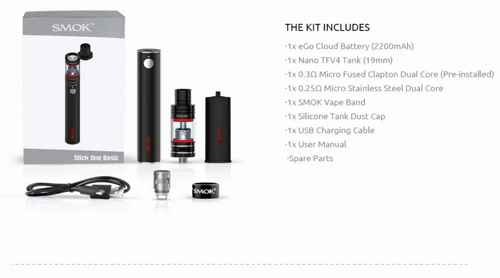
High quality ecig starter kit SMOK 2200mah Stick One Basic Kit 2.0ml Nano TFV4 Tank black/white/red/silver Stick One Kit 
