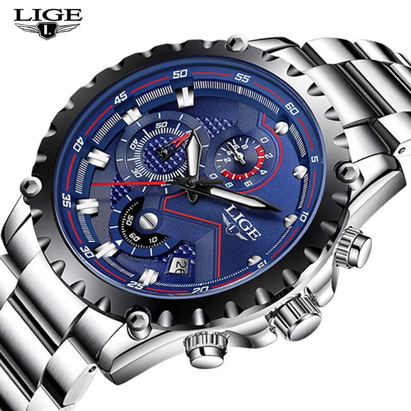 Man Clock Fashion Sport Quartz Watch Men Business High-end Watches LIGE Alloy Stainless Steel Round Analog Hook Buckle