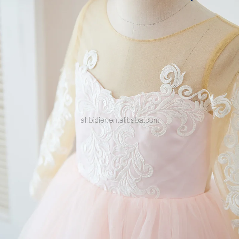 Long Sleeves Lace Pink Tulle Wedding Flower Girl Dress Ball Gown Princess Birthday Party Dress