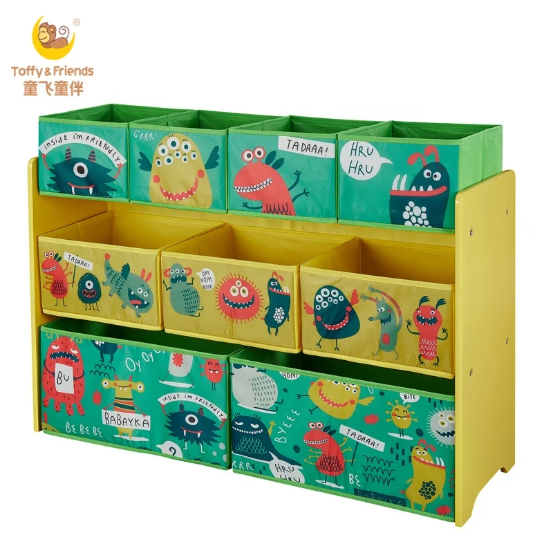 
Toffy & Friends Deluxe 9-Bin Toy Storage Organizer Wooden Toy Shelf with Fabric bins 