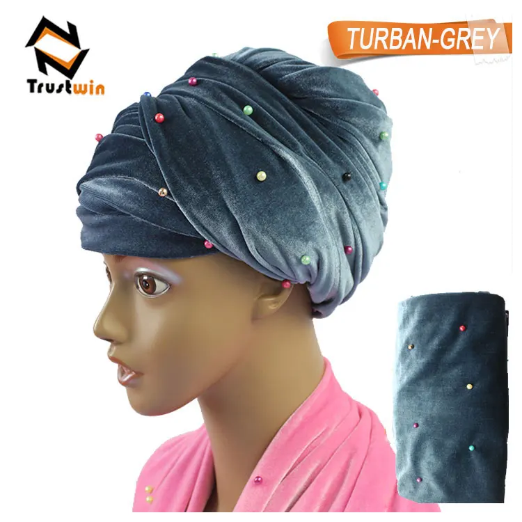 Hot sale fashion style headwraps african women beaded velvet turban