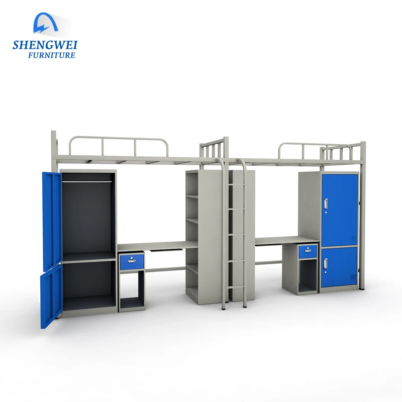 School modern design steel bed frame dormitory bunk bed with desk and wardrobe