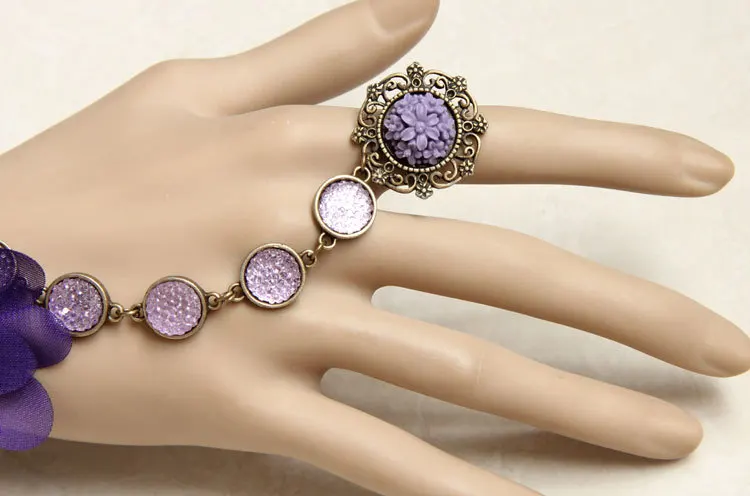 Black floral lace bracelet - purple crystal and flower pendant charm bracelet with ring chain