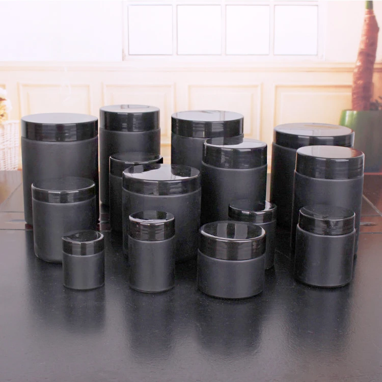
1oz 3oz 6 oz 12oz matte black glass storage cylinder jars glass jar with plastic screw lid 