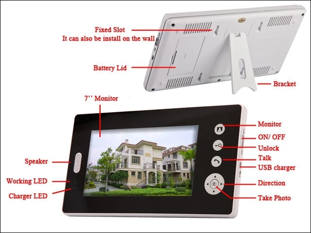 2.4GHz 7 Inch LCD Monitor Wireless Video Door Phone System With 1 Waterproof Door Bell Camera 1 Monitor Used For Home Security