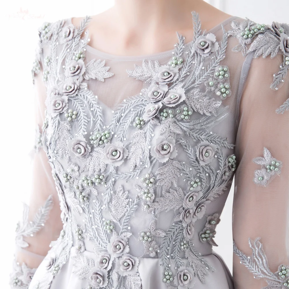 TE018 3D Flowers Beaded Silver Gray Satin Evening Dress Long Sleeve Prom Dress Arabic Evening Dress