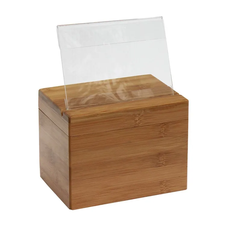 China Factory Custom Handmade Decorative Bamboo Wood Recipe Box With Hinged Lid