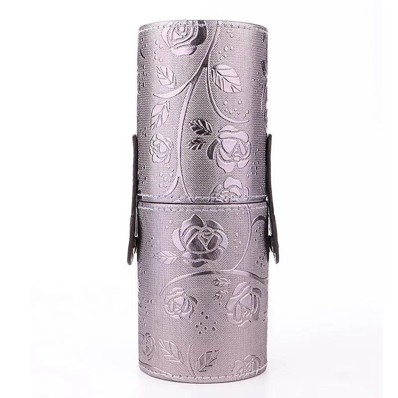 Multiple Patterns Portable PU Leather Cosmetic Bag Makeup Brush Case Cylinder
