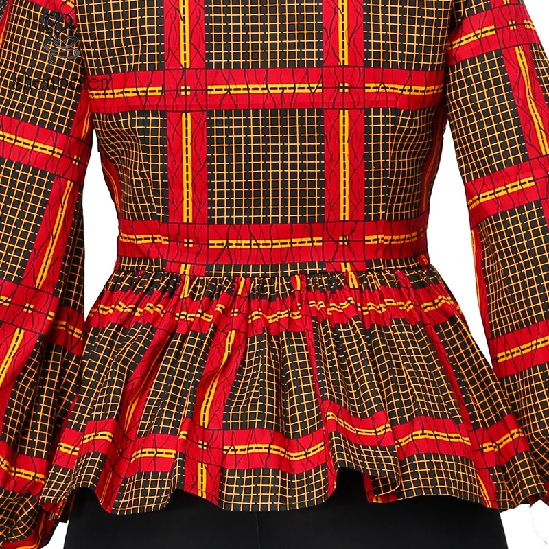 Fashion spring african print women long sleeve bow blouse ruffle bottom design casual top