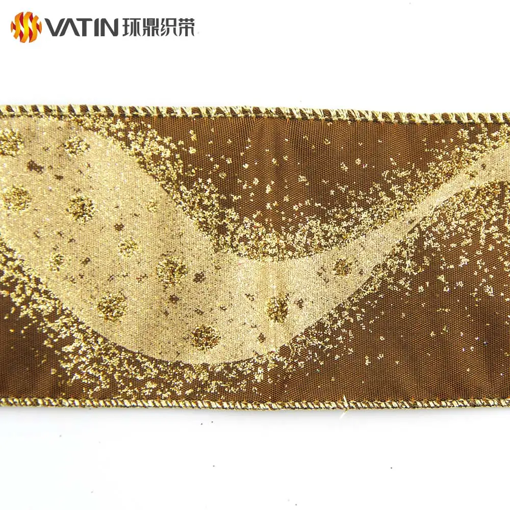 63mm Wide Beautiful Decorative Gift Wrapping Glitter Sequin Christmas Metallic Wired Satin Ribbon