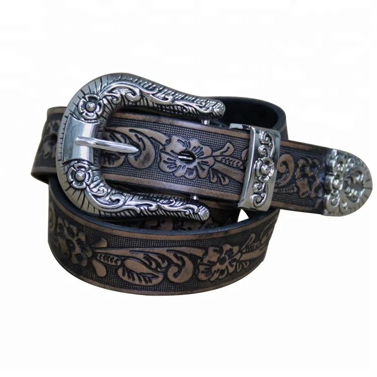 High Quality Unique Embossed Leather Belt with Carving Metal Buckle