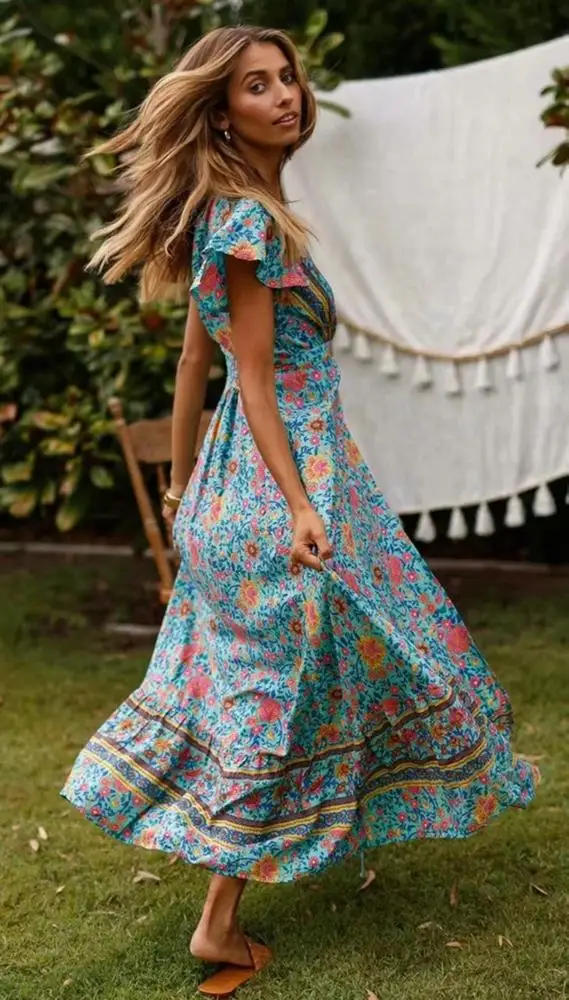 
2019 spring new design BOHO V neck beach floral print women dress 