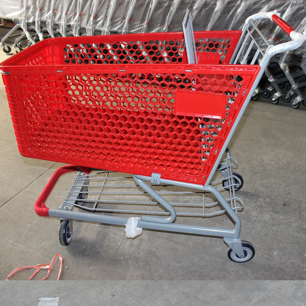 200L supermarket plastic shopping cart red color with logo printing