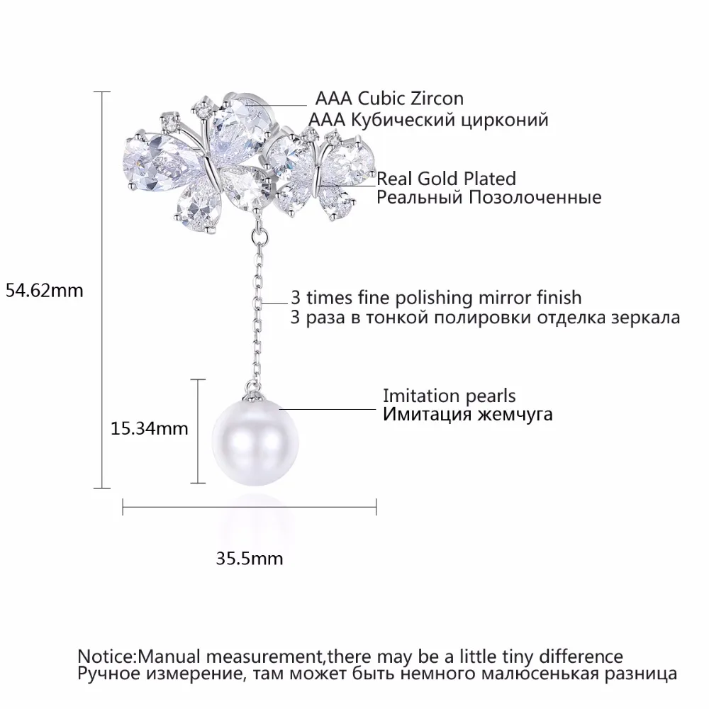 LUOTEEMI New Vivid CZ Crystal Butterfly with Created White Round Pearl Drop Fashion Brooch Pin For Women Wedding Jewellery Gift